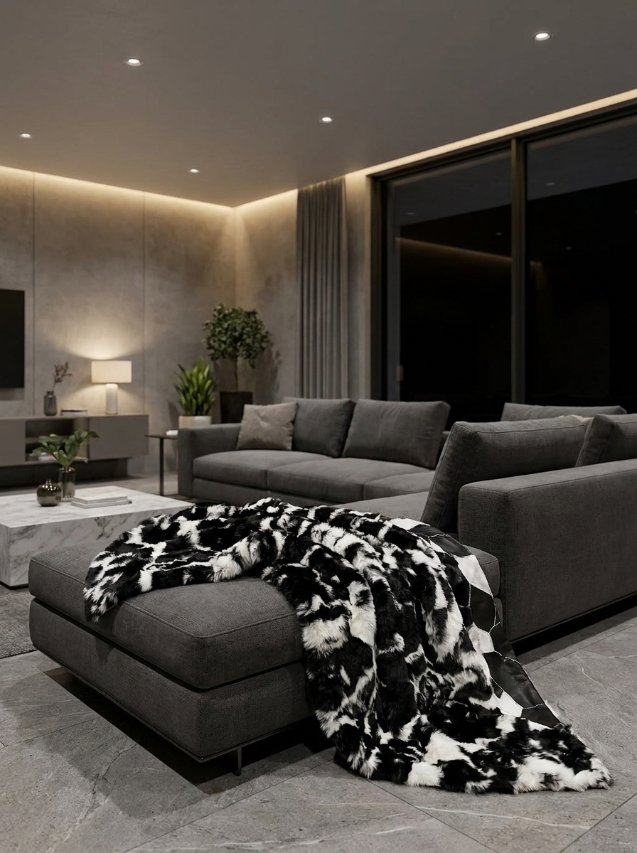 Sheepskin throw in black and white draped over a grey ottoman in a living room.