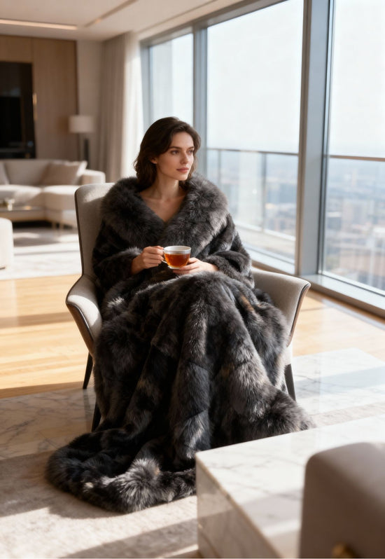 Woman in an armchair with a grey merino sheepskin throw wrapped around her shoulders, holding tea.