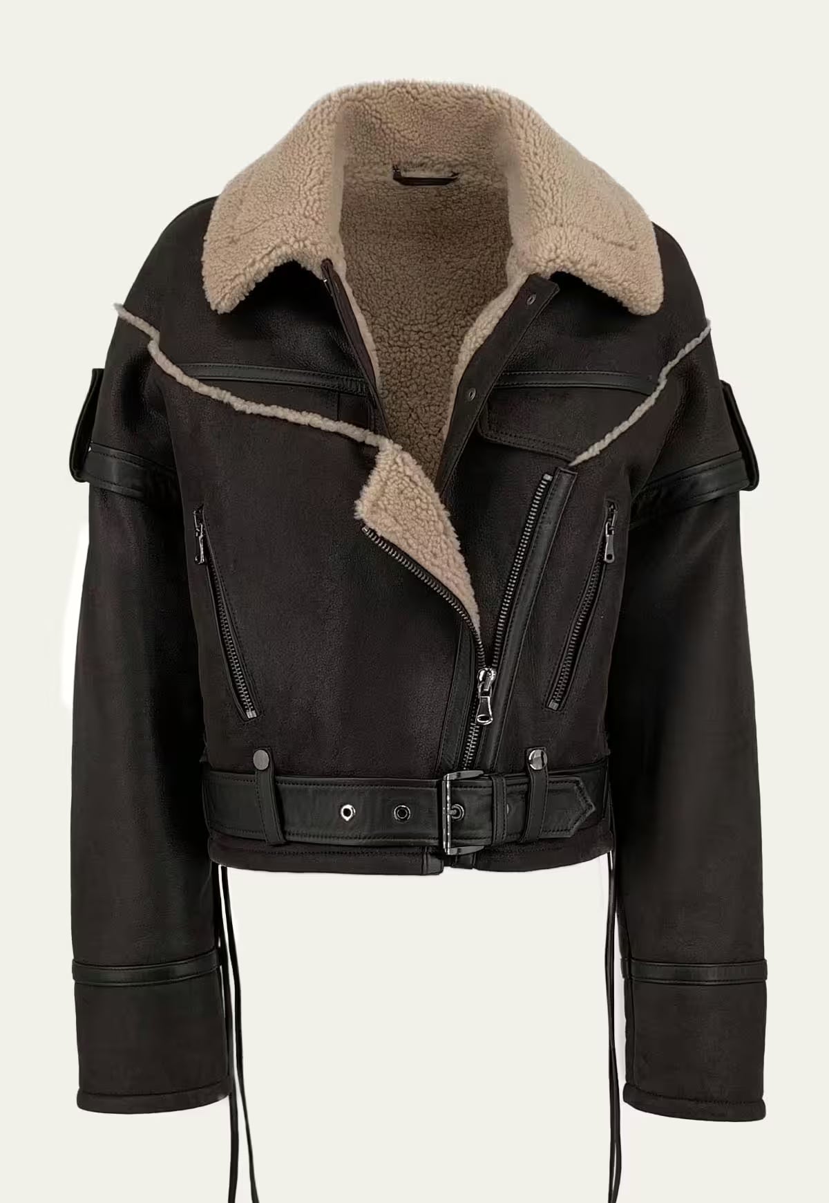 Brown curly sheepskin jacket for women with stand-up collar, zips and belt, shown from the front.