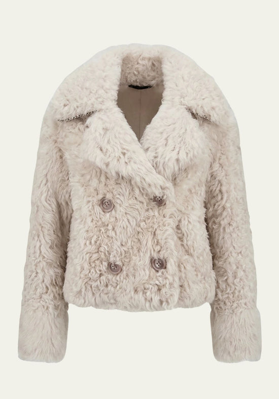 Curly sheepskin jacket for women in cream beige, shown from the front with a wide collar and buttons.