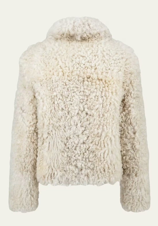 Cream curly sheepskin jacket for women shown from the back, with dense curls and a short stand-up collar