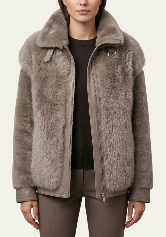 Women's sheepskin jacket in taupe, detail view with collar, zip and fur front