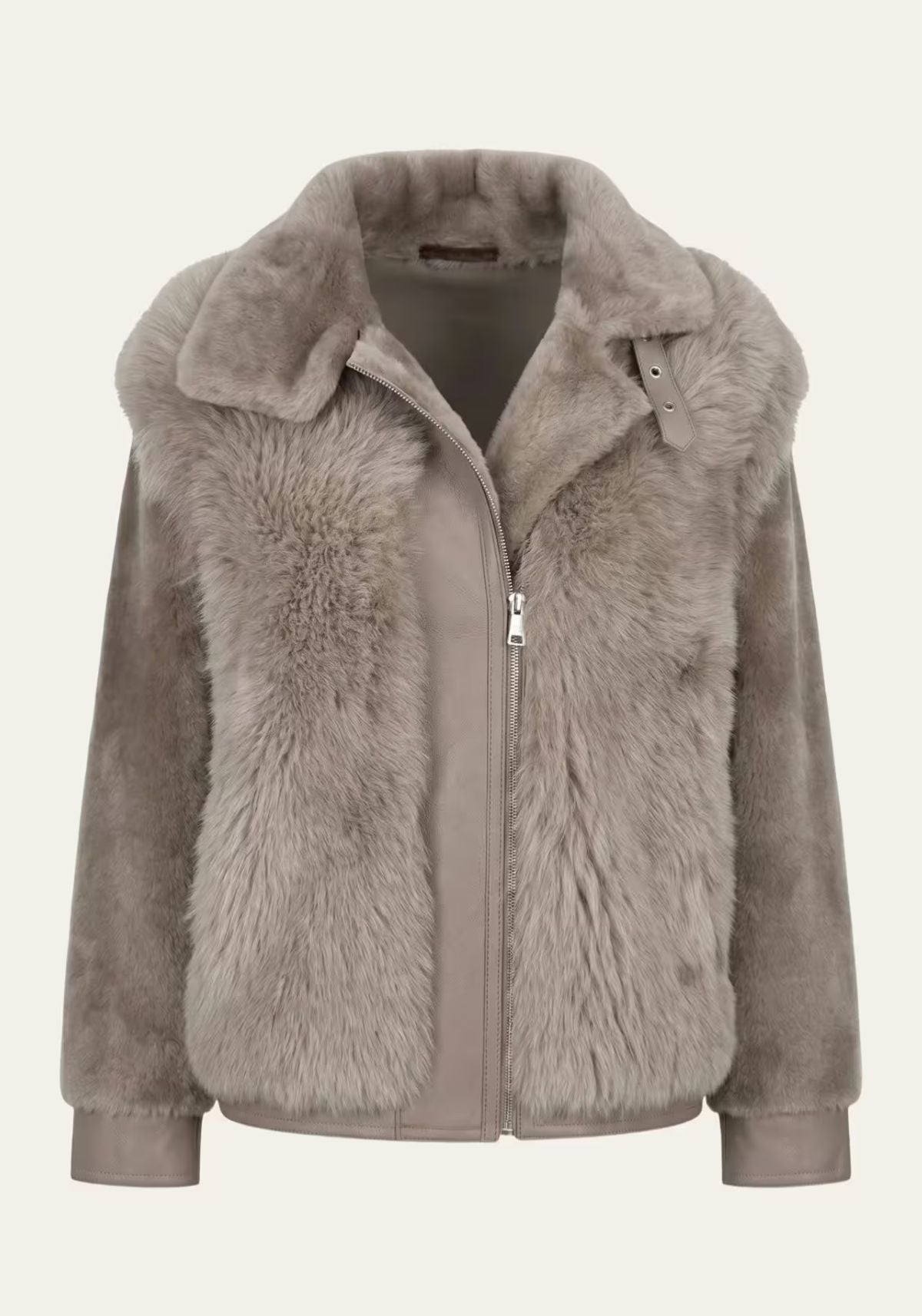Women's sheepskin jacket in taupe, front view cut out with zip and stand collar