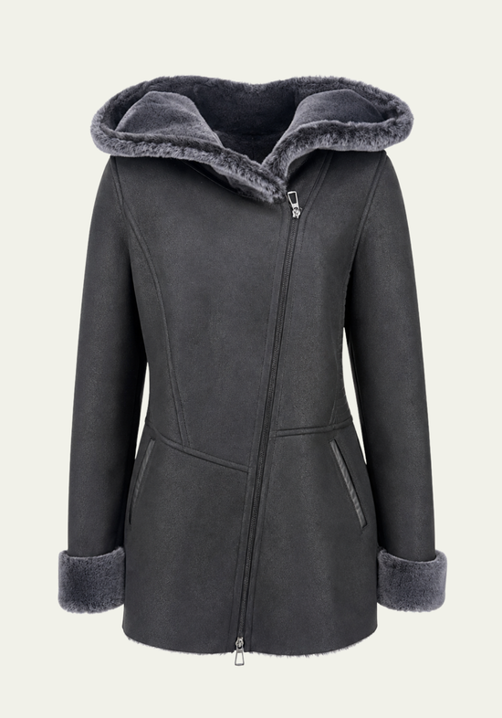 Damen-Lammfelljacke Dunkelgrau mit grauem Lammfellkragen und Manschetten, Vorderansicht