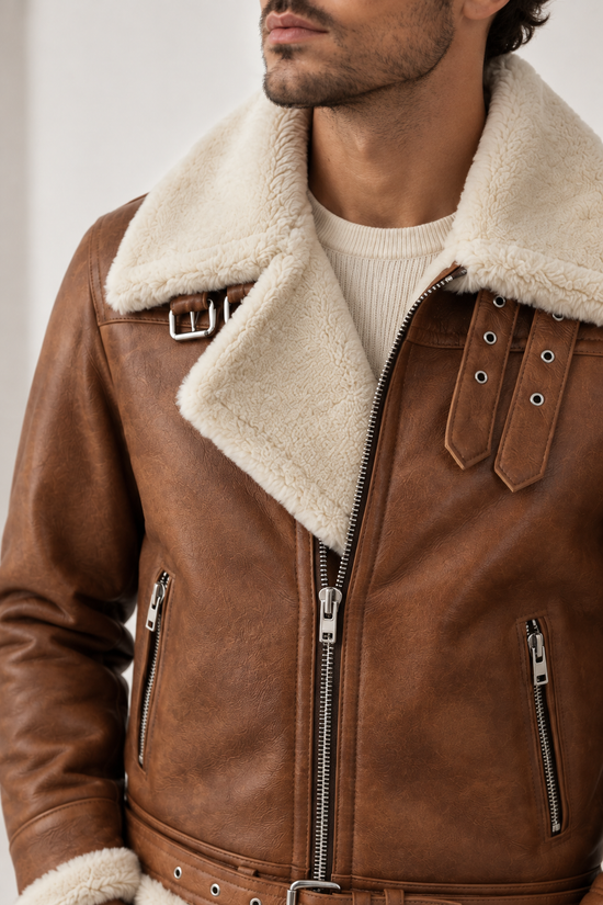 Men's sheepskin jacket in chestnut and cream, shown in a detail view of the lapel, collar and fastening.