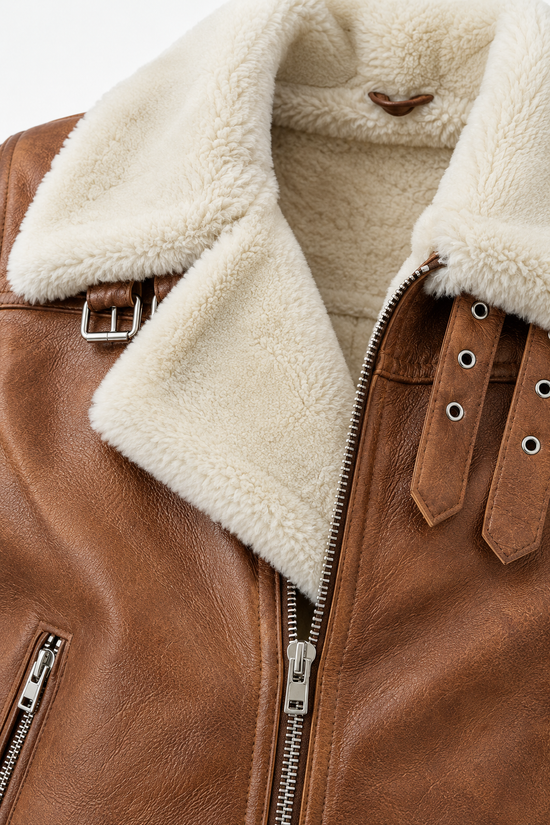 Men's sheepskin jacket in chestnut and cream, detail of the lapel, shearling collar and metal zip.