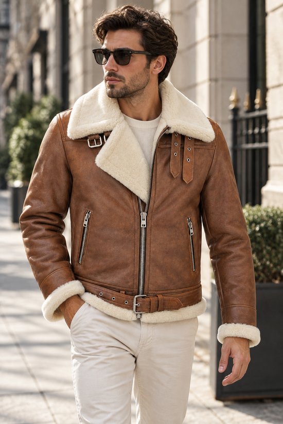 Men's sheepskin jacket in chestnut and cream, worn outdoors in the city with sunglasses.