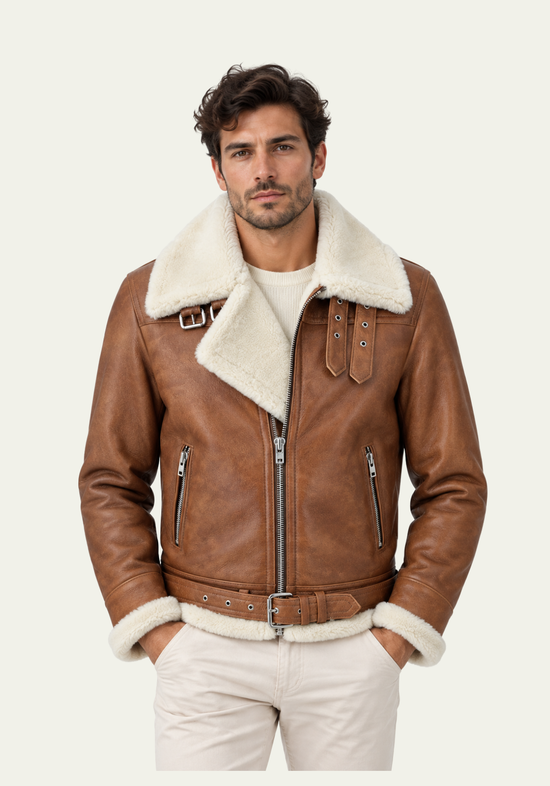 Men's sheepskin jacket in chestnut and cream, worn on a model with the collar turned up.