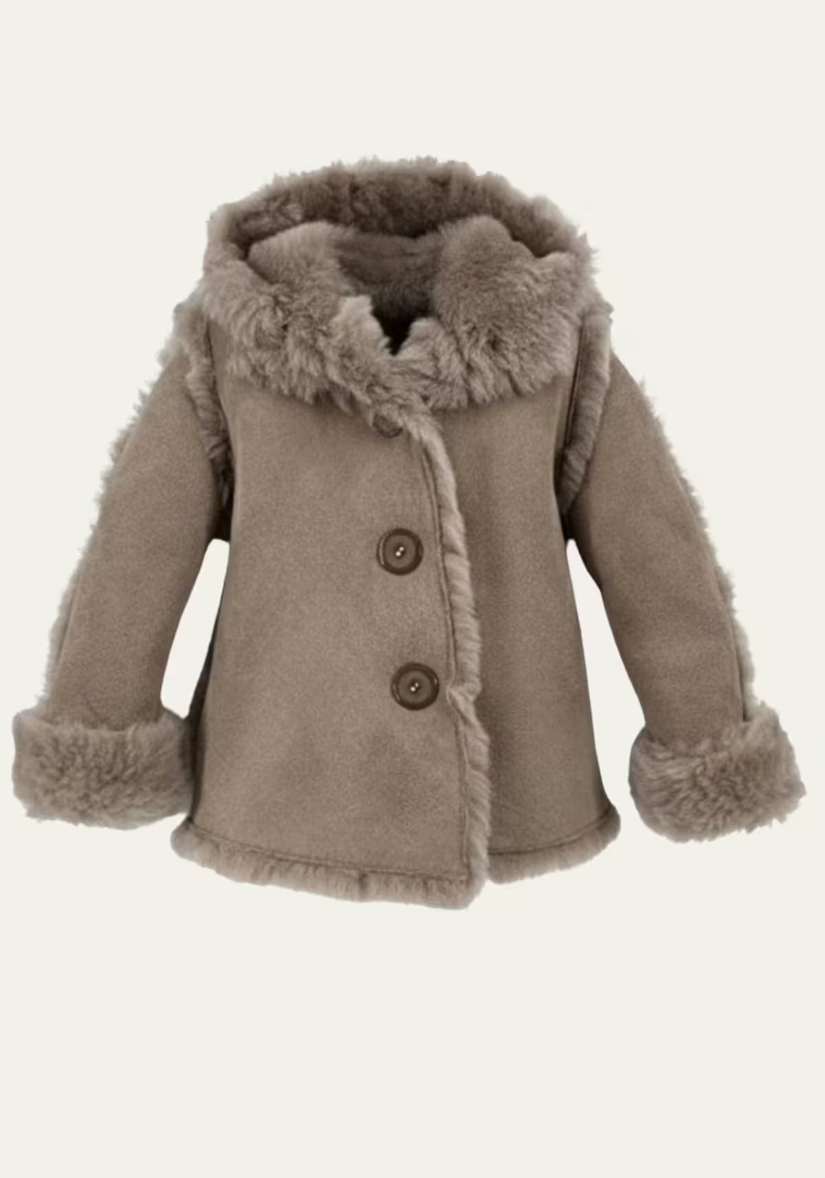 Freestanding sheepskin jacket for children in beige with hood, button placket and fur trim