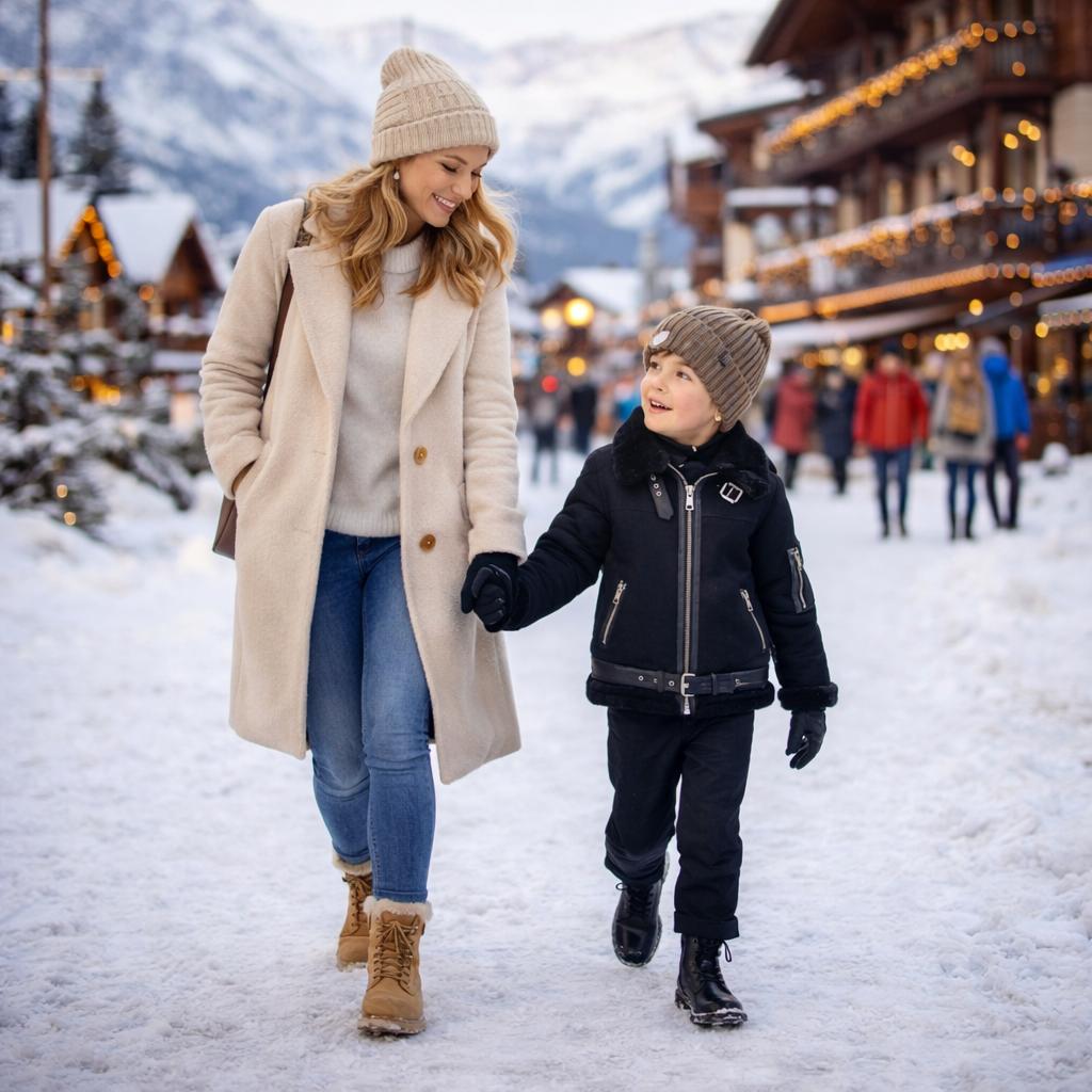 Children's black sheepskin jacket, worn outdoors in the snow with an adult companion.