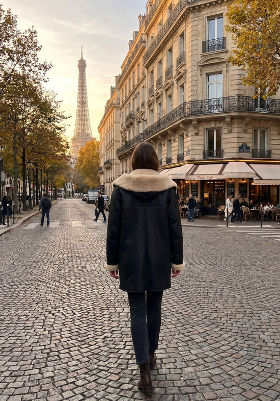 Rear view of the black women’s sheepskin jacket with hood, showing the light sheepskin trim at the collar.