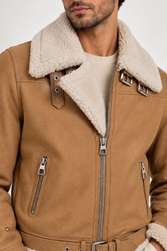 Detail view of the beige men's sheepskin jacket in curly sheepskin with zip and collar