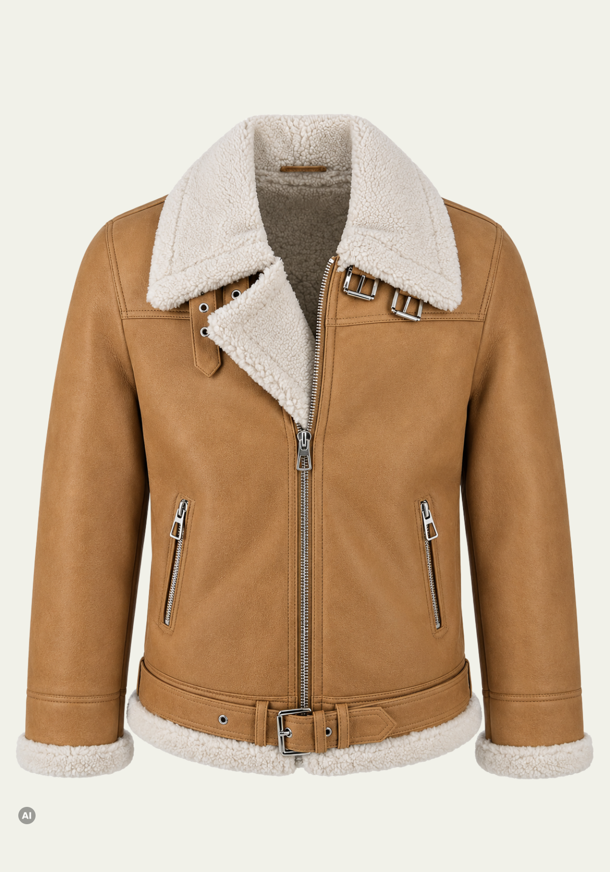 Beige sheepskin jacket for men in curly sheepskin, front view with zip and belt