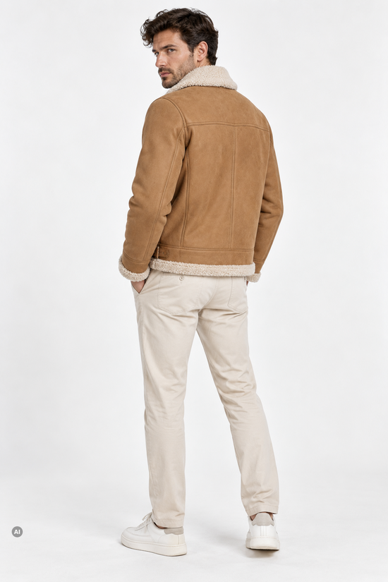 Rear view of the beige men's sheepskin jacket in curly sheepskin with straight cut and hem