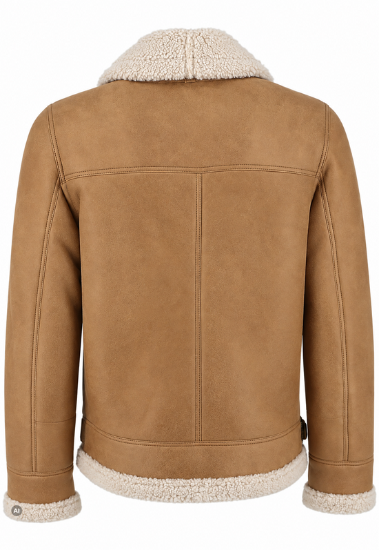 Rear view of the beige men's sheepskin jacket in curly sheepskin with yoke and sleeve cuffs