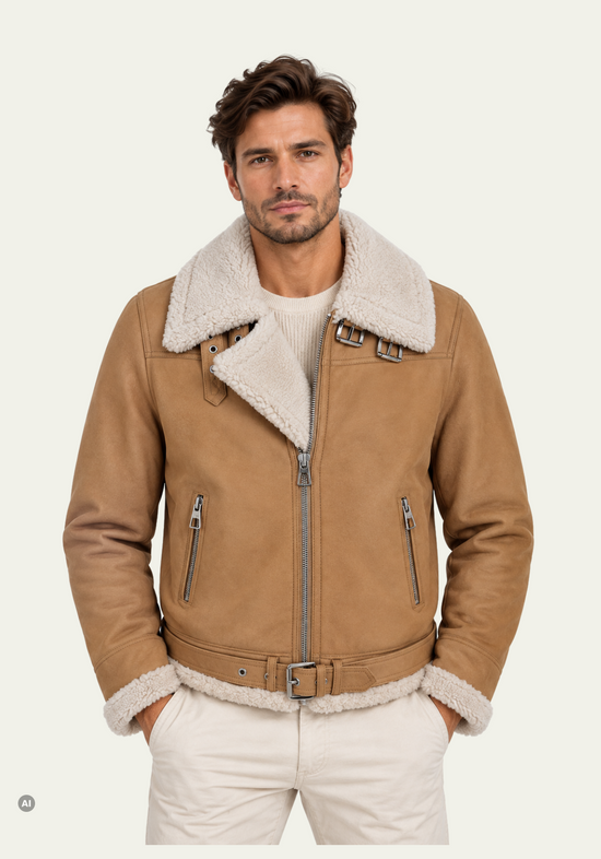 Beige men's sheepskin jacket in curly sheepskin, worn view with collar and pockets