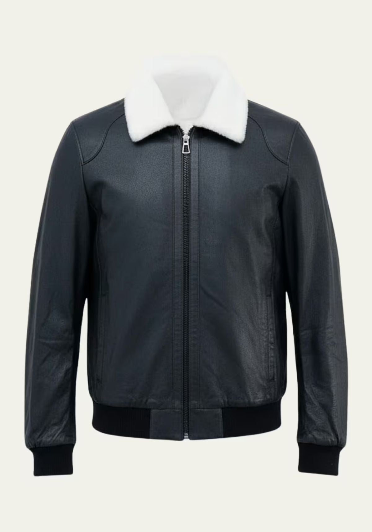 Men's sheepskin jacket in dark blue, shown front-on and freestanding with a white collar.