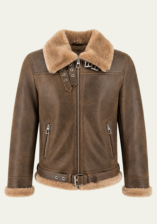 Men's sheepskin jacket made from merino sheepskin in walnut and cappuccino, front view isolated.