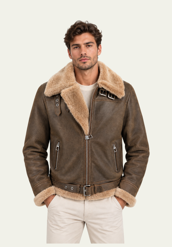 Men's sheepskin jacket made from merino sheepskin in walnut and cappuccino, worn by a model front view.