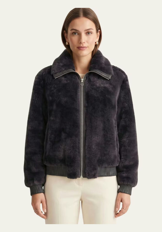 Women's sheepskin shearling jacket in anthracite, worn on a model from the front