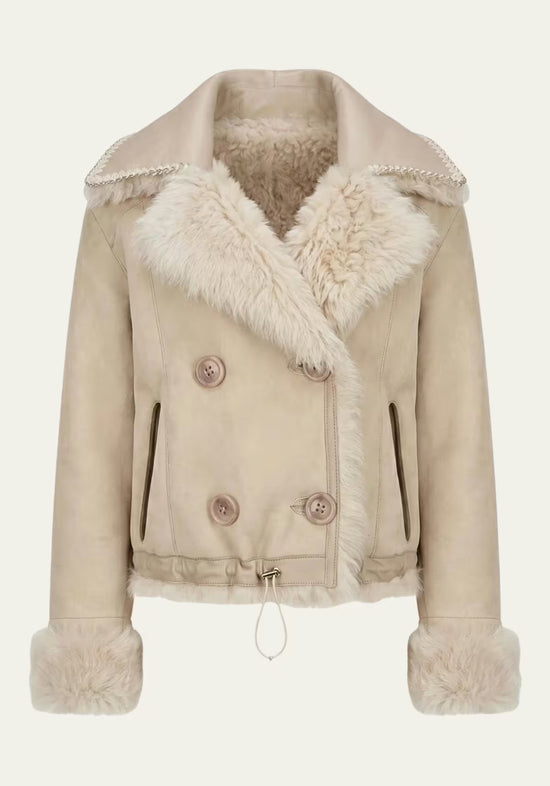 Sheepskin jacket for women in beige, shown front-on with suede, a fur collar and fur cuffs.