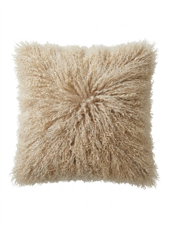 Beige sheepskin cushion shown from the front, with an even curly fur surface.