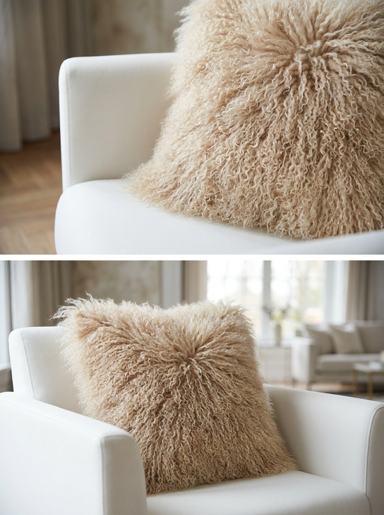 Beige sheepskin cushion on a white armchair, shown side-on and at an angle with dense curly pile.