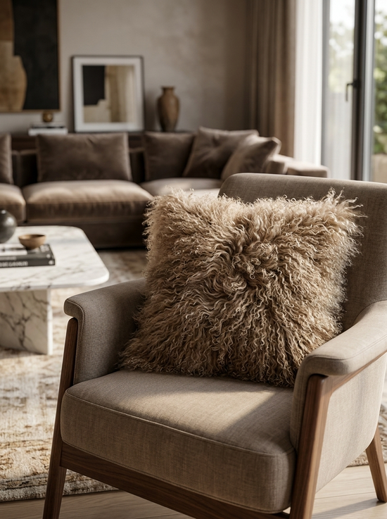 Sheepskin cushion in cappuccino on an armchair in a living room