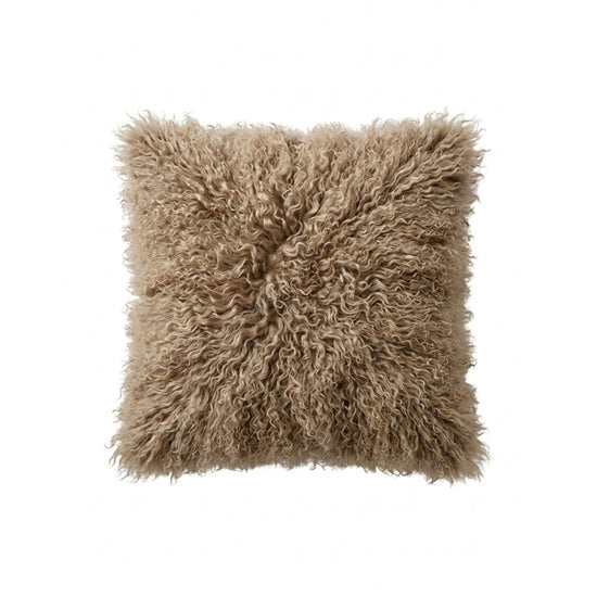 Square sheepskin cushion in cappuccino, shown from the front on a white background