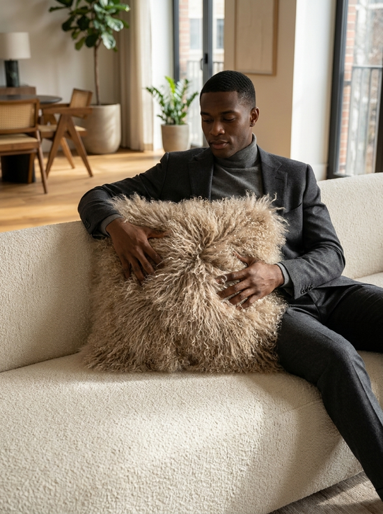 Man sitting on a sofa holding a fluffy sheepskin cushion in cappuccino