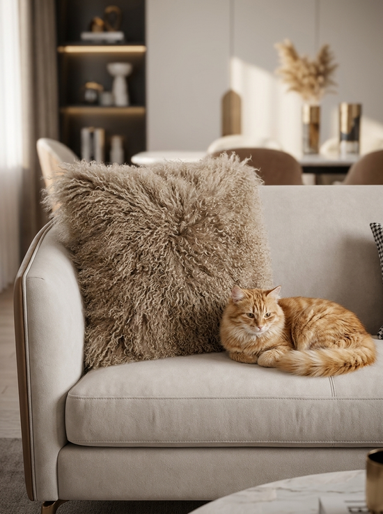 Sheepskin cushion in cappuccino on a sofa, with a cat lying in front of it