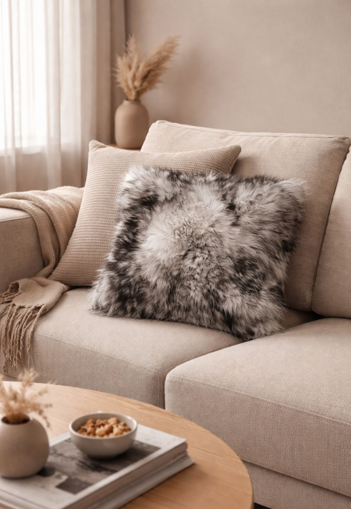 Grey sheepskin cushion on a light sofa with other cushions and a throw in a living room.