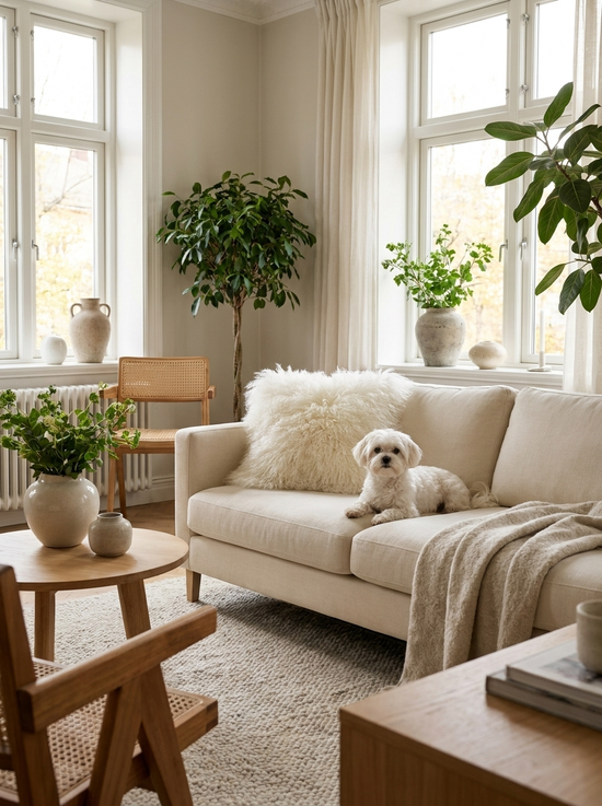 White sheepskin cushion on the sofa beside a small dog in a bright living room.