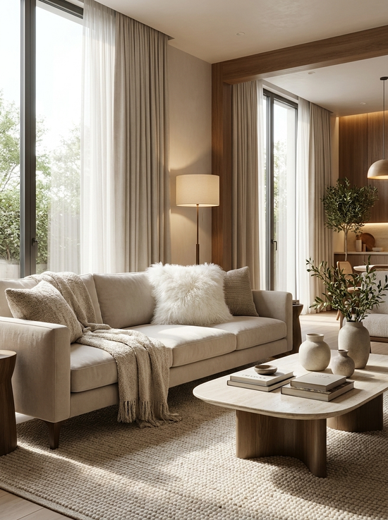 White sheepskin cushion on a sofa in a bright living room, shown as a home accessory.