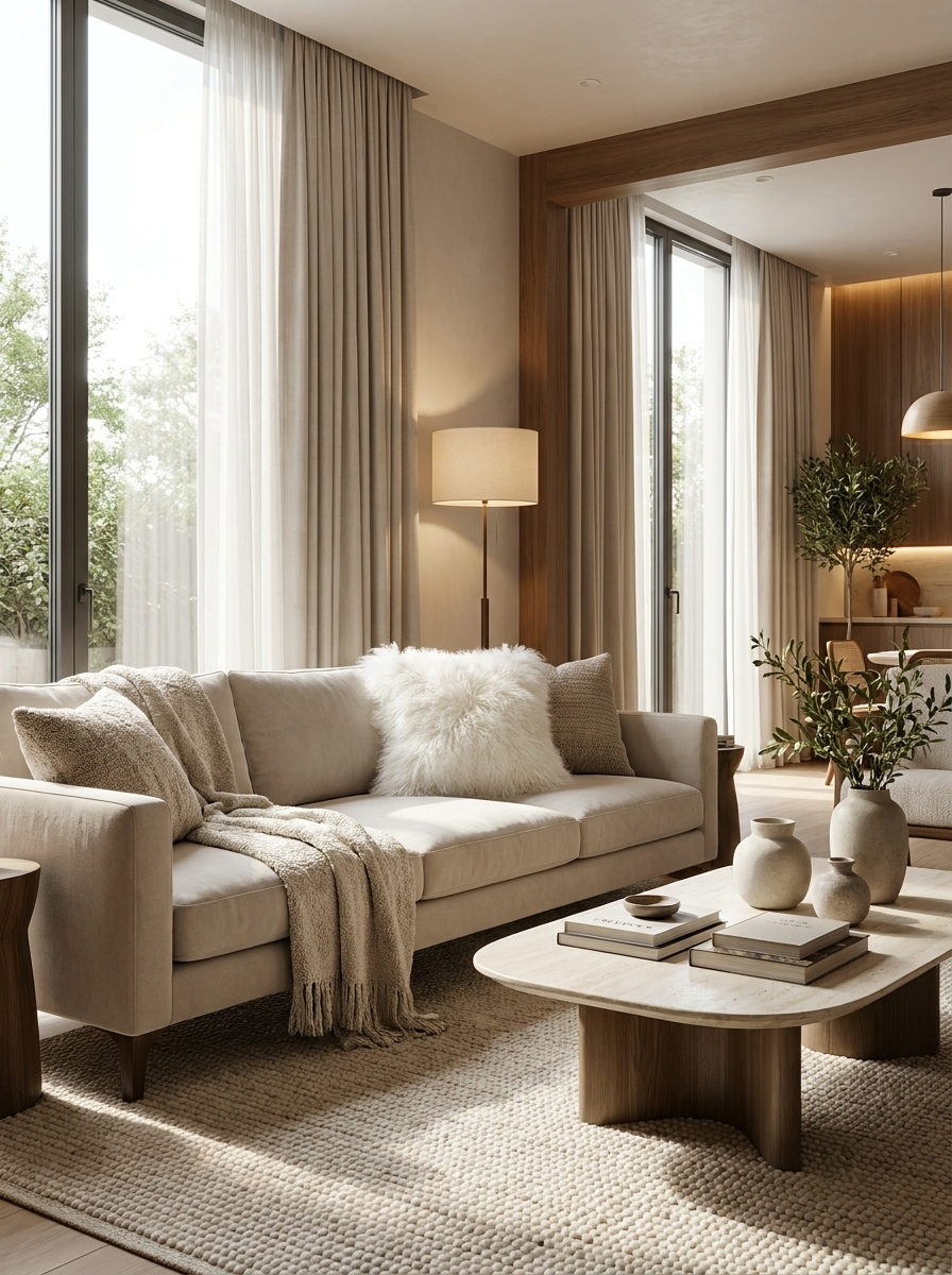 White sheepskin cushion on a sofa in a bright living room, shown as a home accessory.