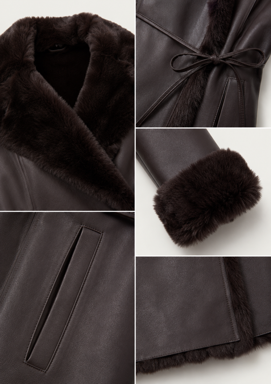 Detail collage of the brown sheepskin coat, showing the fur collar, tie belt, pocket, sleeve and hem.