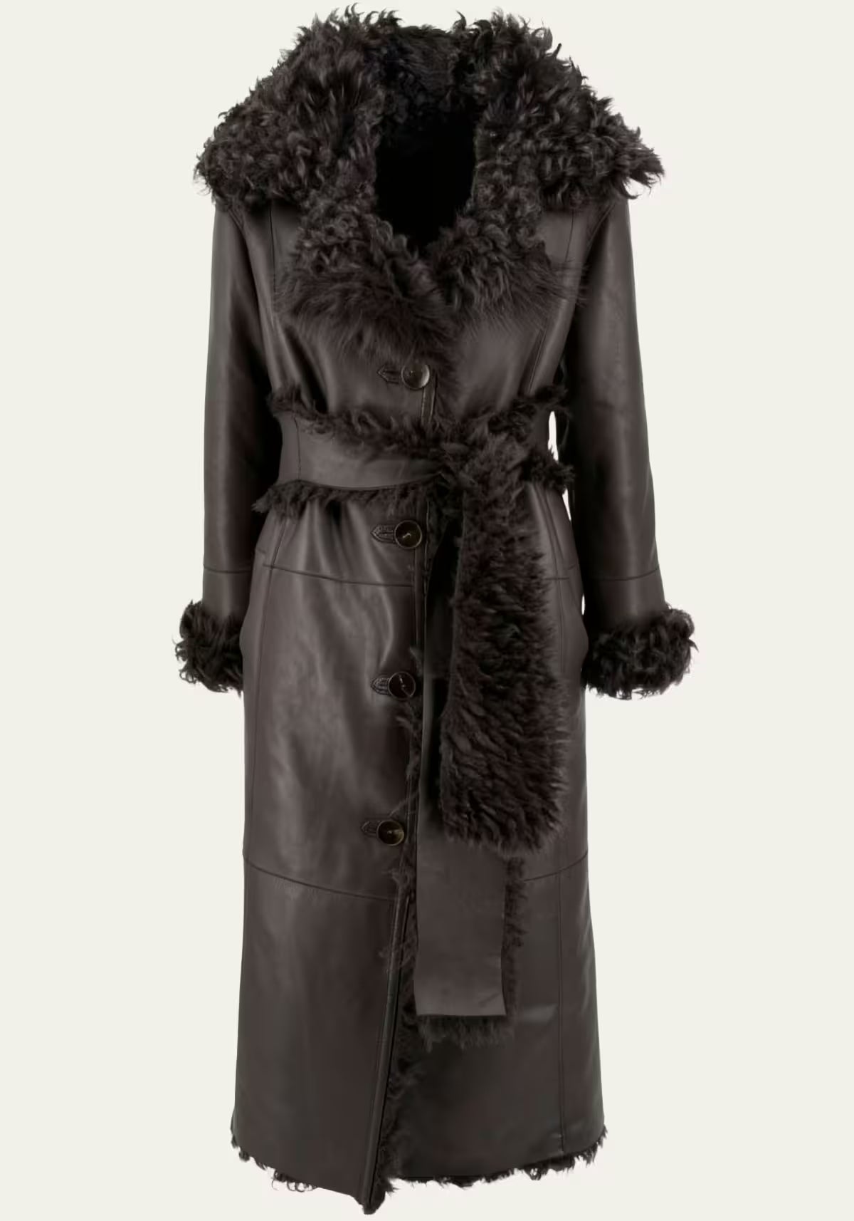 Women's sheepskin coat in dark brown with a wide collar and tie belt, shown from the front cut out.
