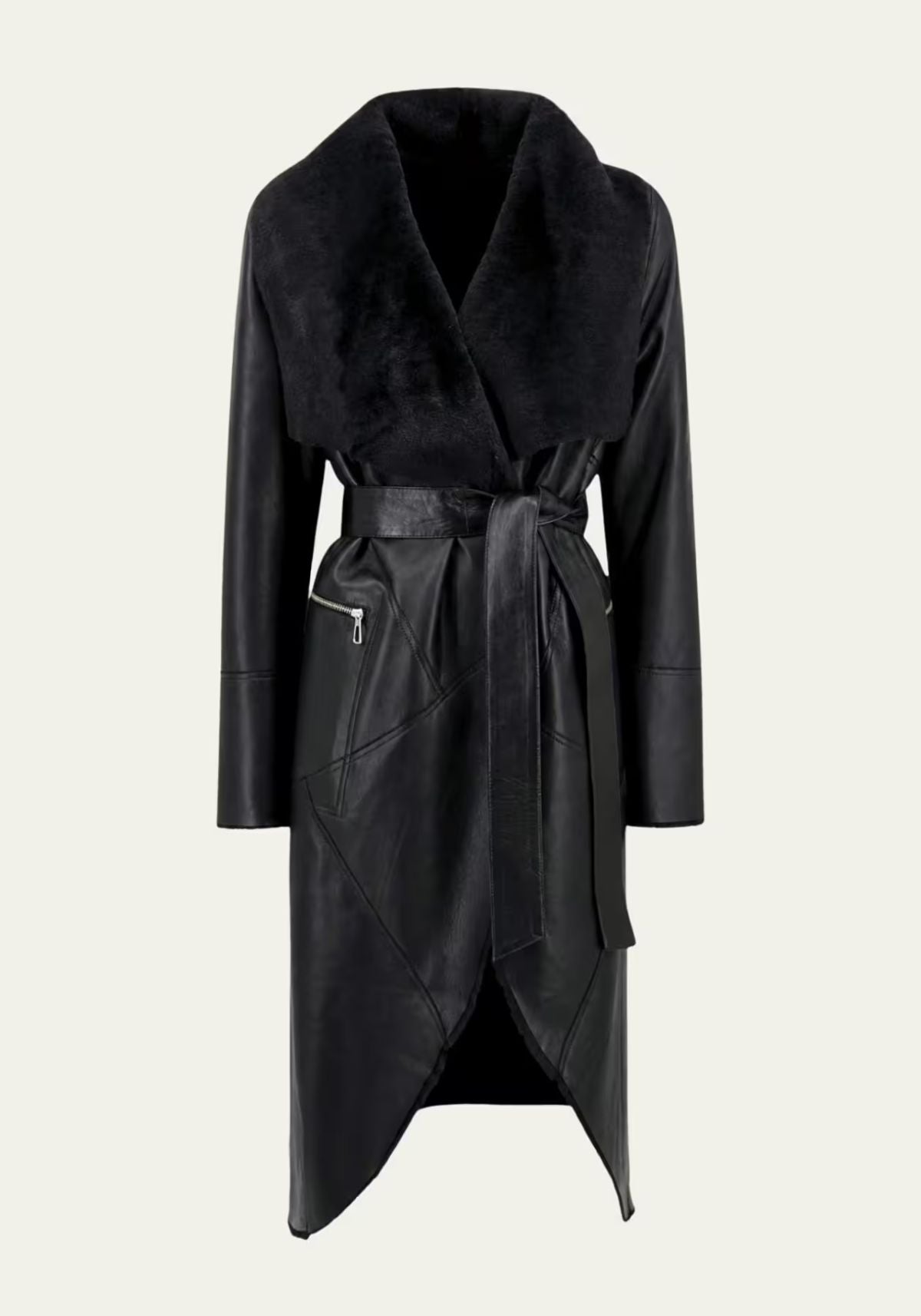 Black women’s sheepskin coat shown from the front with tie belt and fur collar.