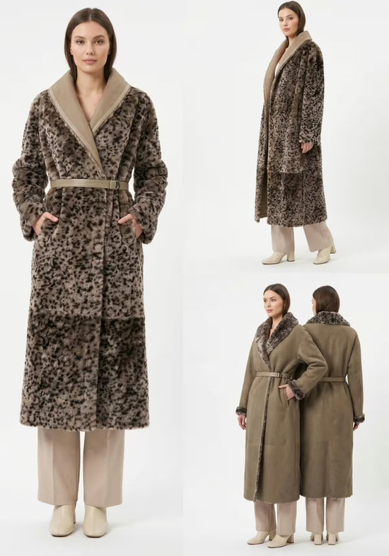 Women's sheepskin reversible coat with leopard print in taupe and sand, front, side and back views