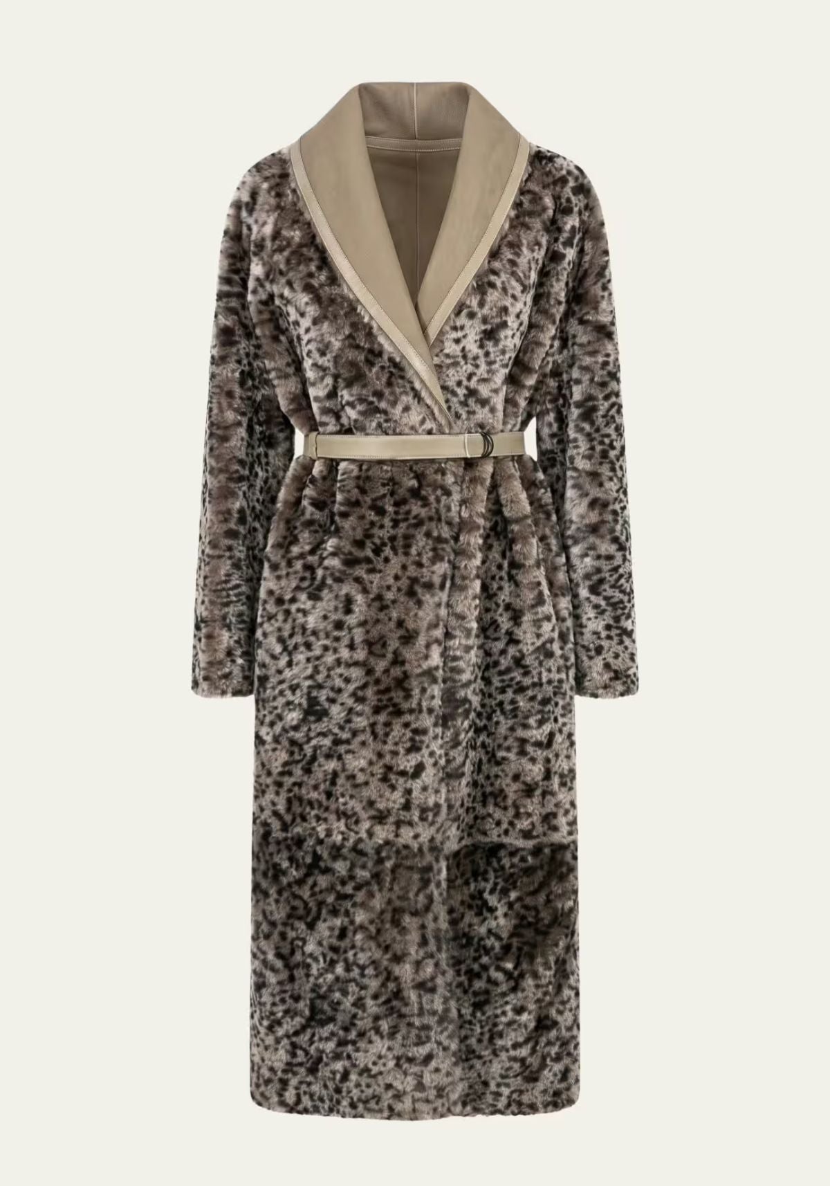 Women's sheepskin reversible coat with leopard print in taupe and sand, shown from the front