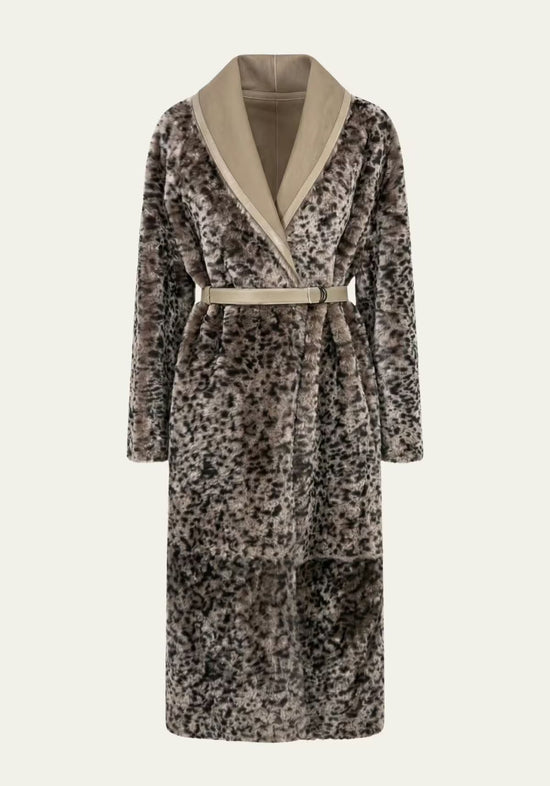 Women's sheepskin reversible coat with leopard print in taupe and sand, shown from the front
