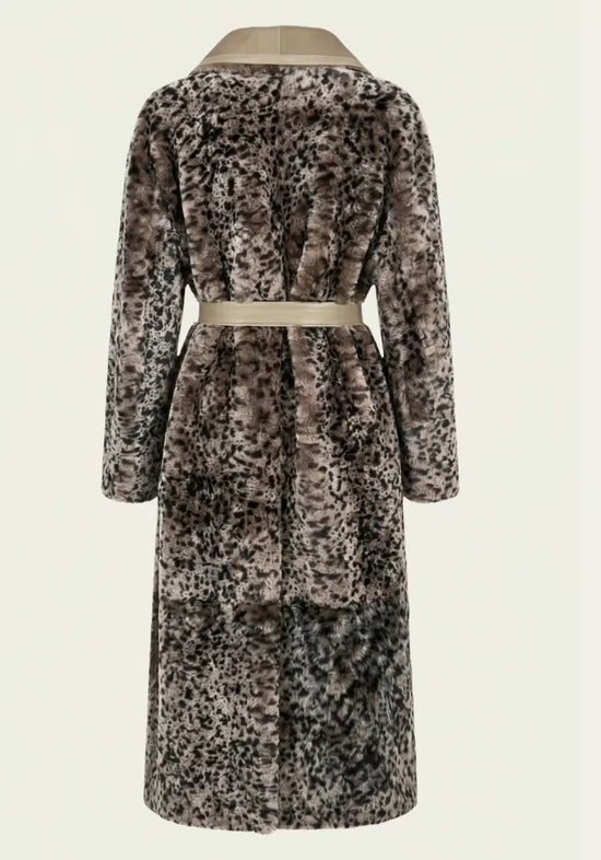 Women's sheepskin coat with leopard print in taupe and sand, isolated back view