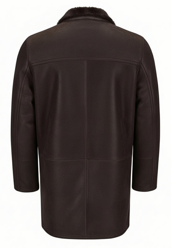 Back view of the brown men's sheepskin coat with smooth surface and short sheepskin collar
