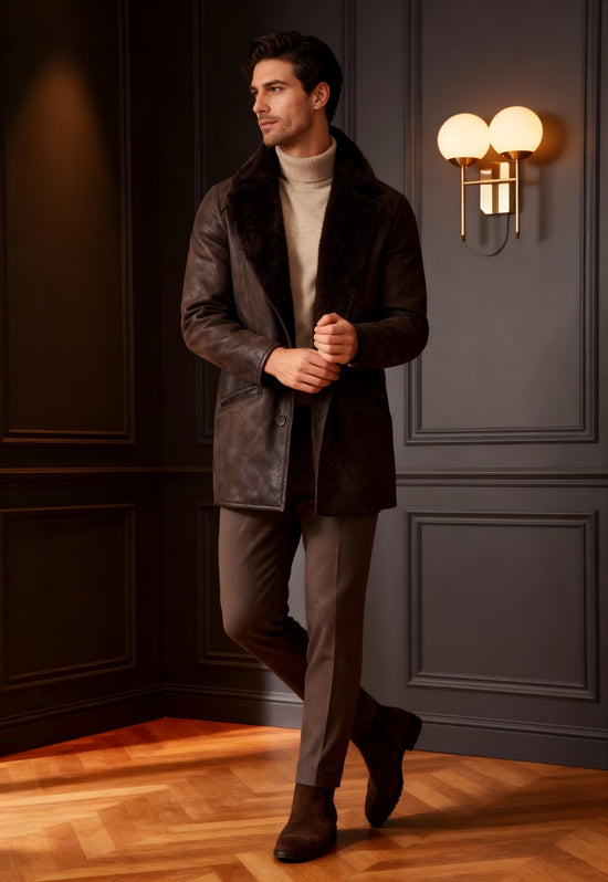 Brown men's sheepskin coat worn open, showing the soft collar and long cut