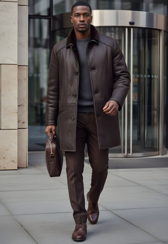 Brown men's sheepskin coat worn outdoors from the front with bag and leather shoes