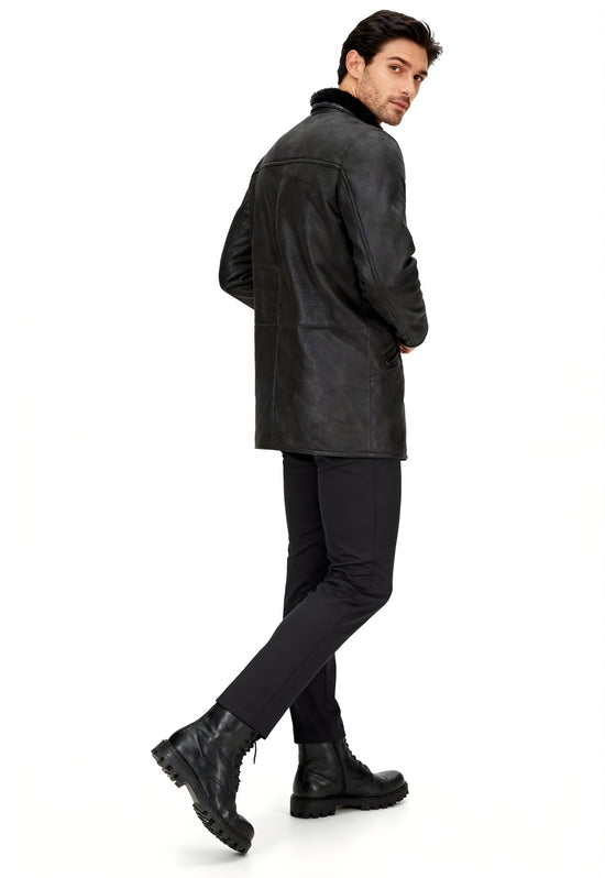 Men's brown sheepskin coat shown from the back on a white background
