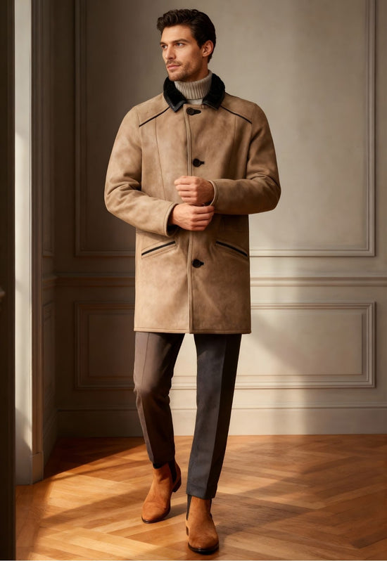 Men's sheepskin coat in camel worn frontally, with a black collar, button fastening and side pockets.