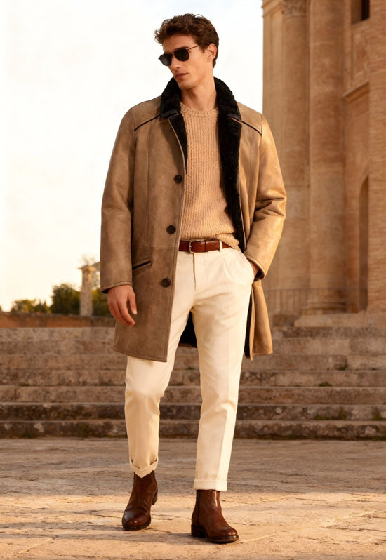 Men's sheepskin coat in camel worn on a man, shown open, with a black collar and leather shoes.