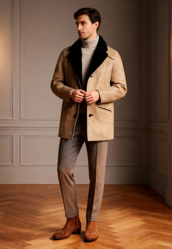 Men's sheepskin coat in camel worn indoors, with a black collar, buttons and a slim fit.