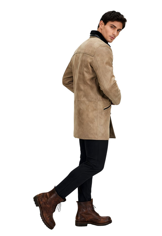Men's sheepskin coat in camel shown from the back on a model, with a smooth back and black collar.